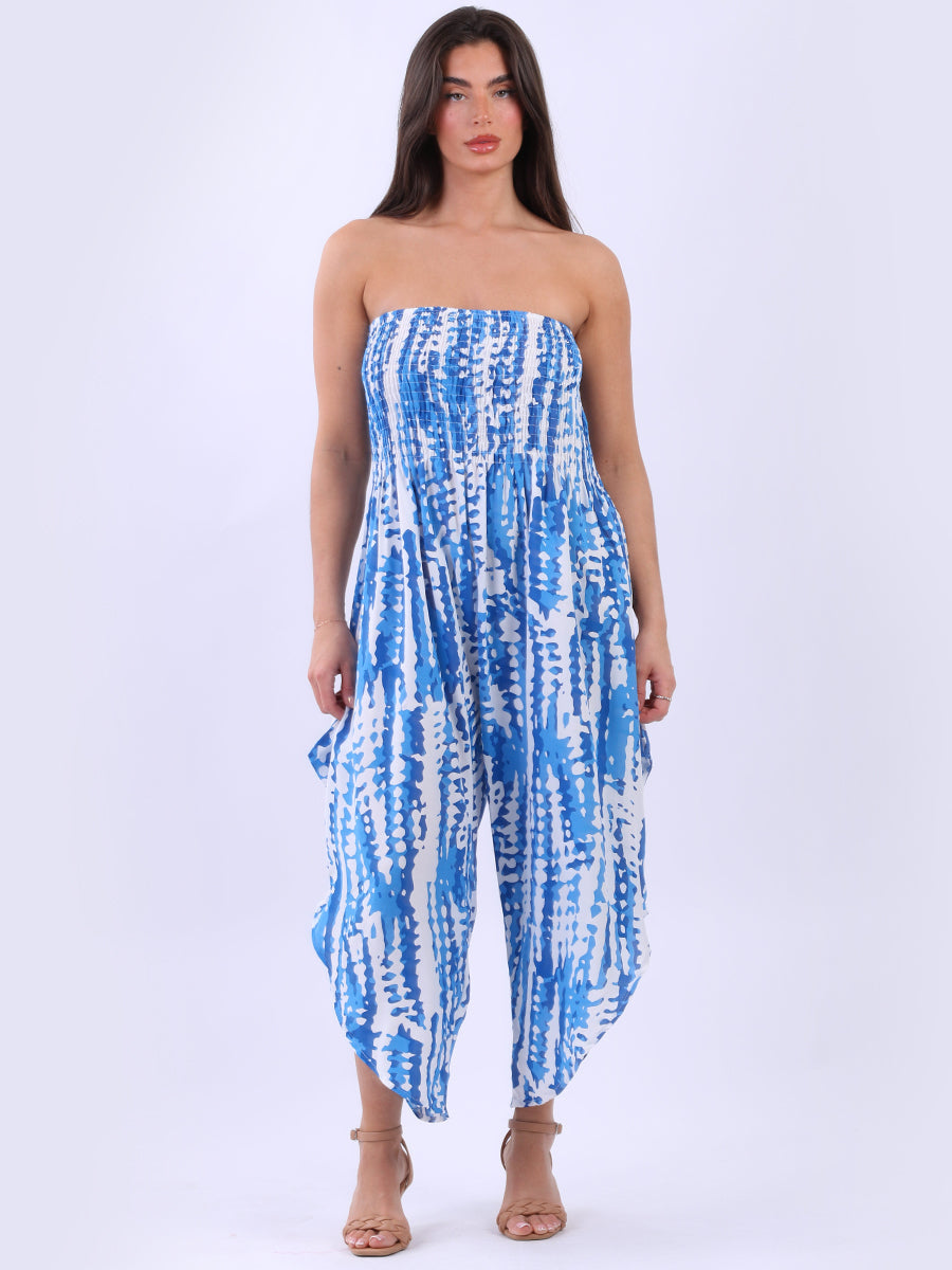 Snake Print Wide Leg Shirred Bandeau Jumpsuit