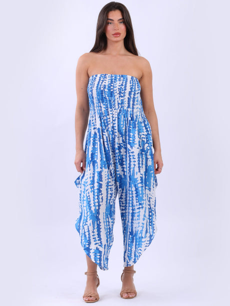 Snake Print Wide Leg Shirred Bandeau Jumpsuit