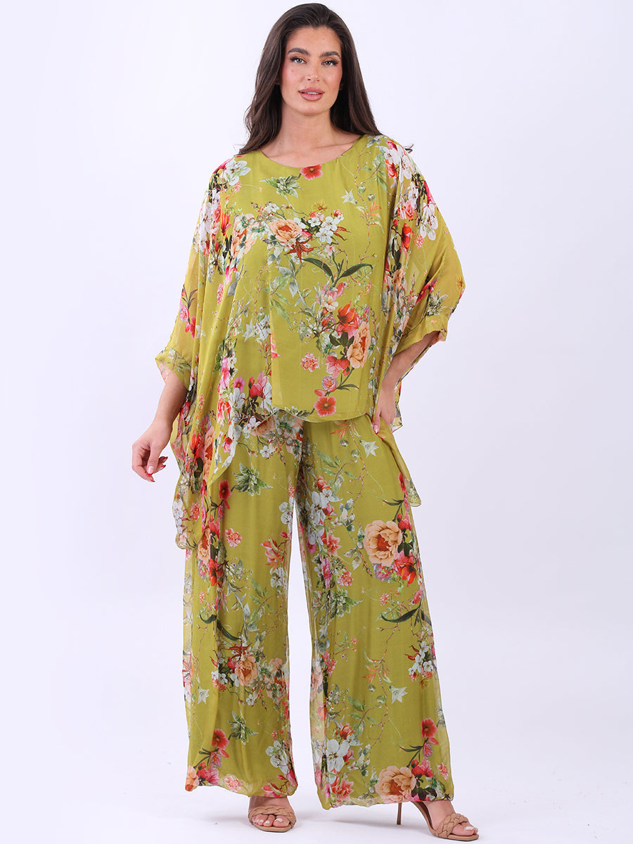 Floral Print Double Layer Batwing Silk Tunic Top Olive One Size UK Fit 10 14