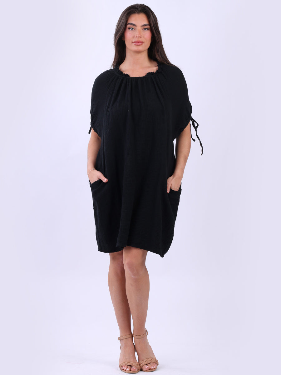 Ruched Neck Plain Lagenlook Shift Dress