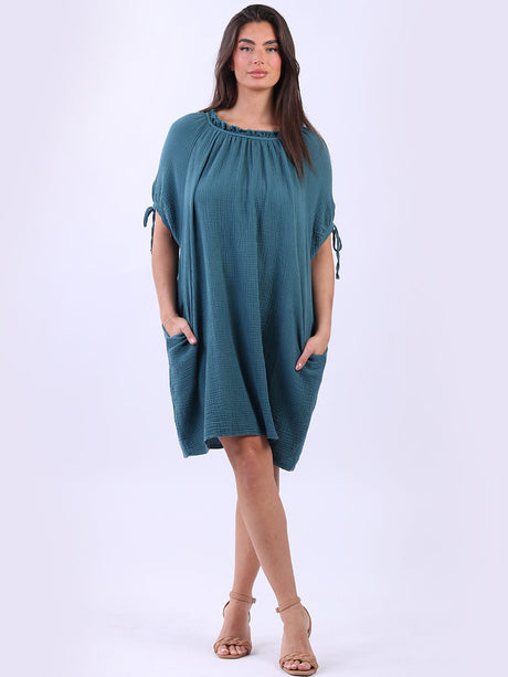 Ruched Neck Plain Lagenlook Shift Dress