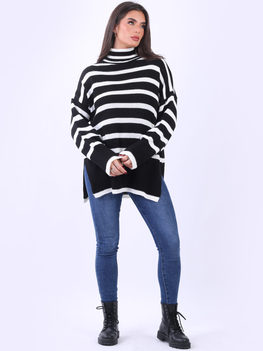Women Stripy Woolen Jumper Black
