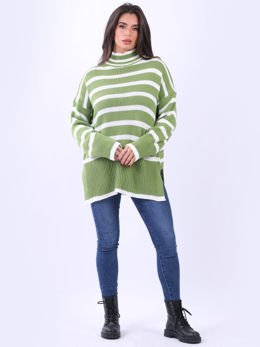 Women Stripy Woolen Jumper Olive