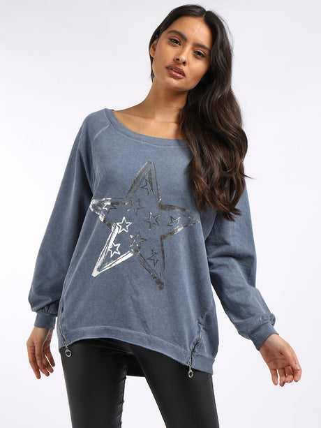 Fancy Star Foil Print Cotton Sweat Top