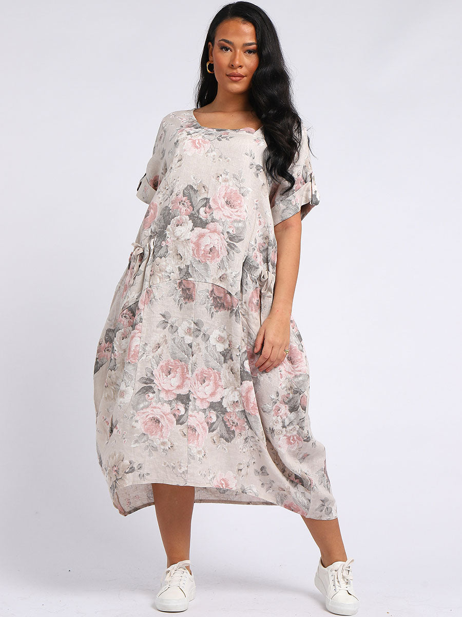 Italian Floral Linen Lagenlook Dress Beige