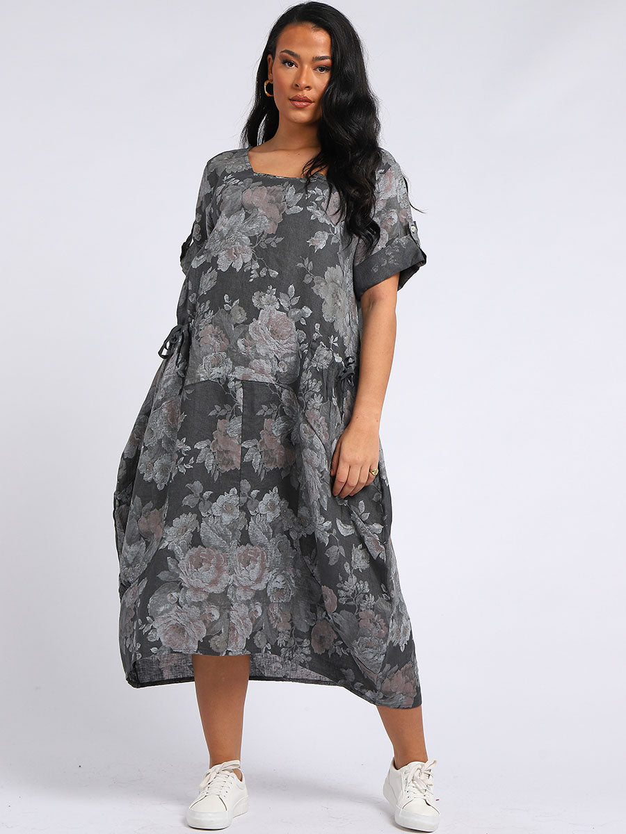 Italian Floral Linen Lagenlook Dress Charcoal