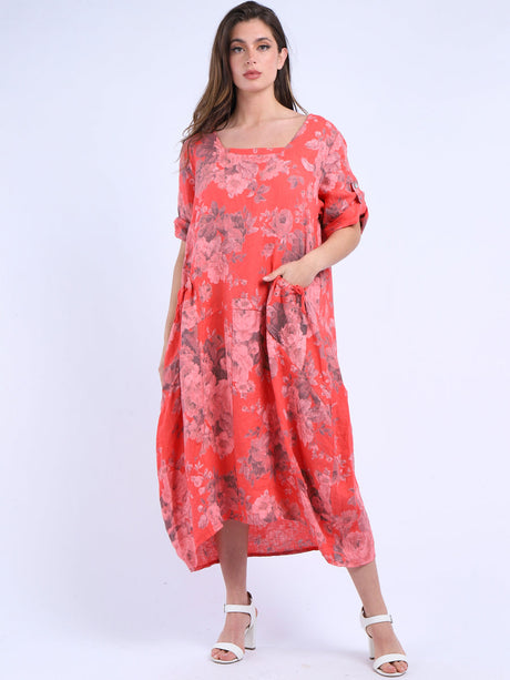 Italian Floral Linen Lagenlook Dress Coral