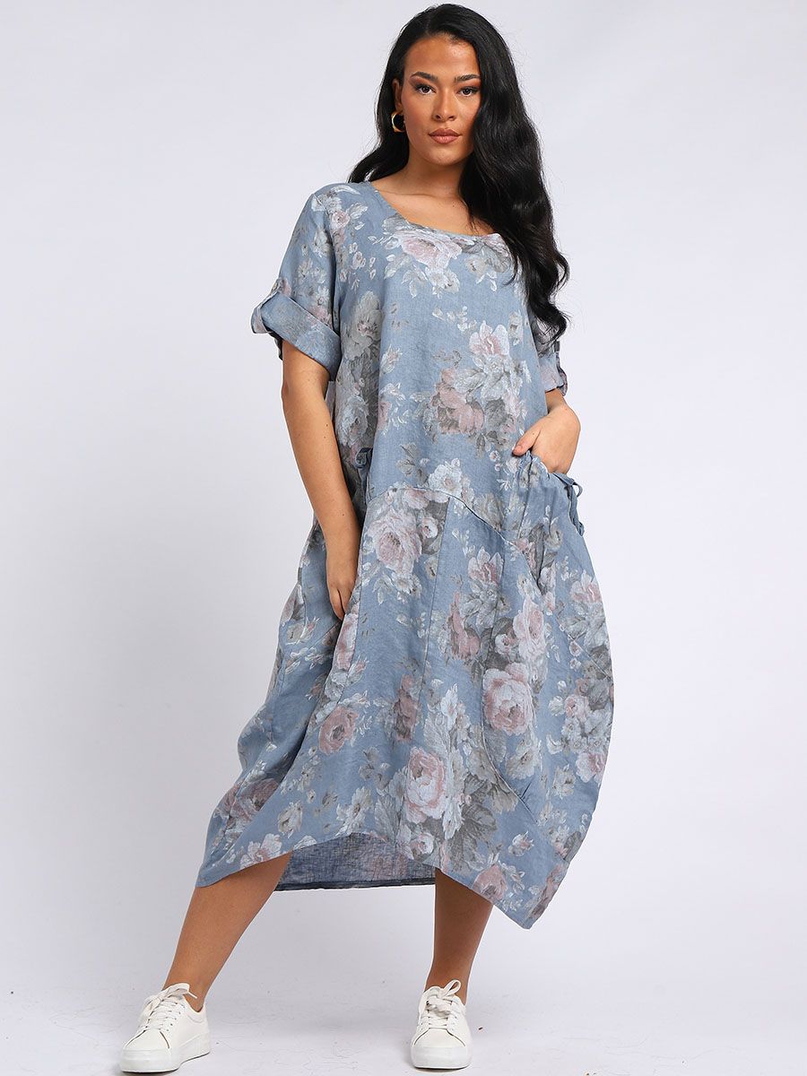 Italian Floral Linen Lagenlook Dress Denim