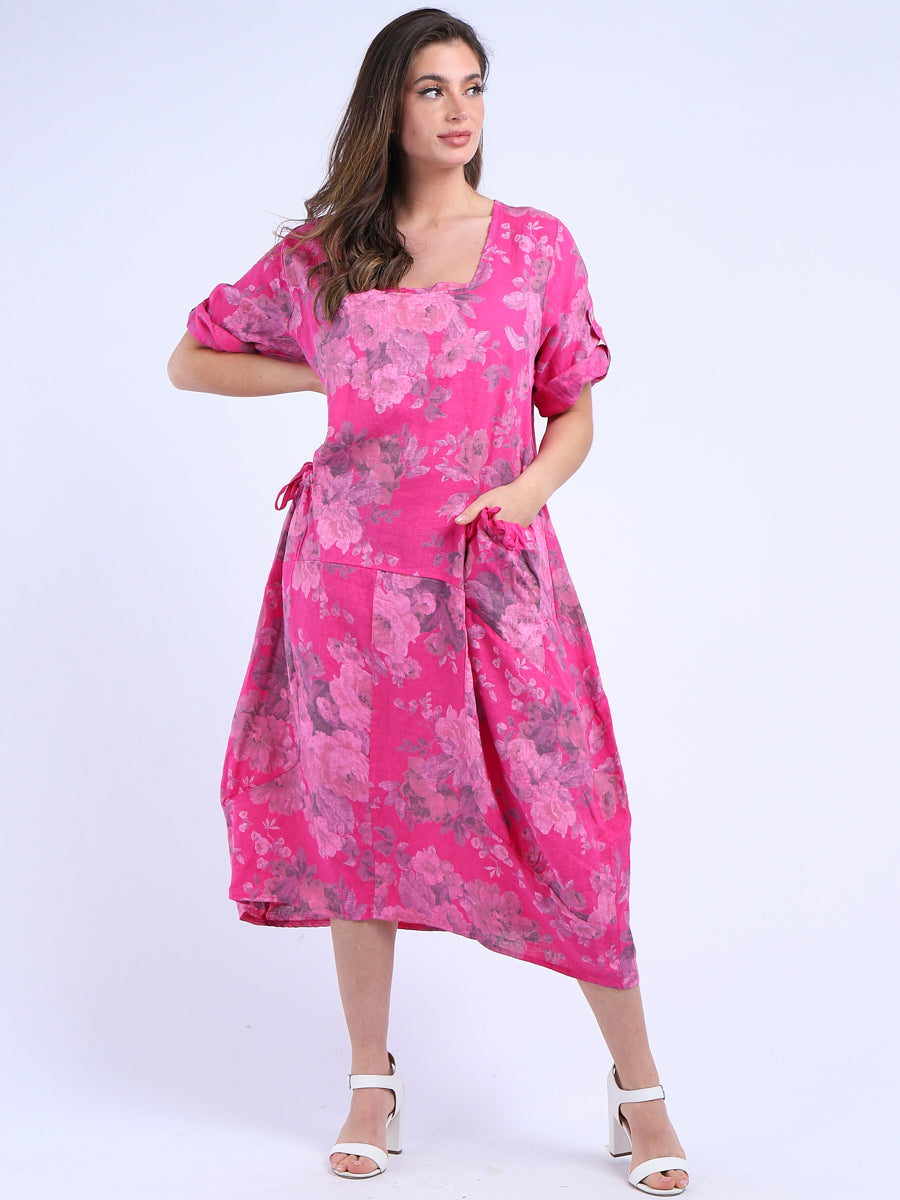 Italian Floral Linen Lagenlook Dress Fuchsia