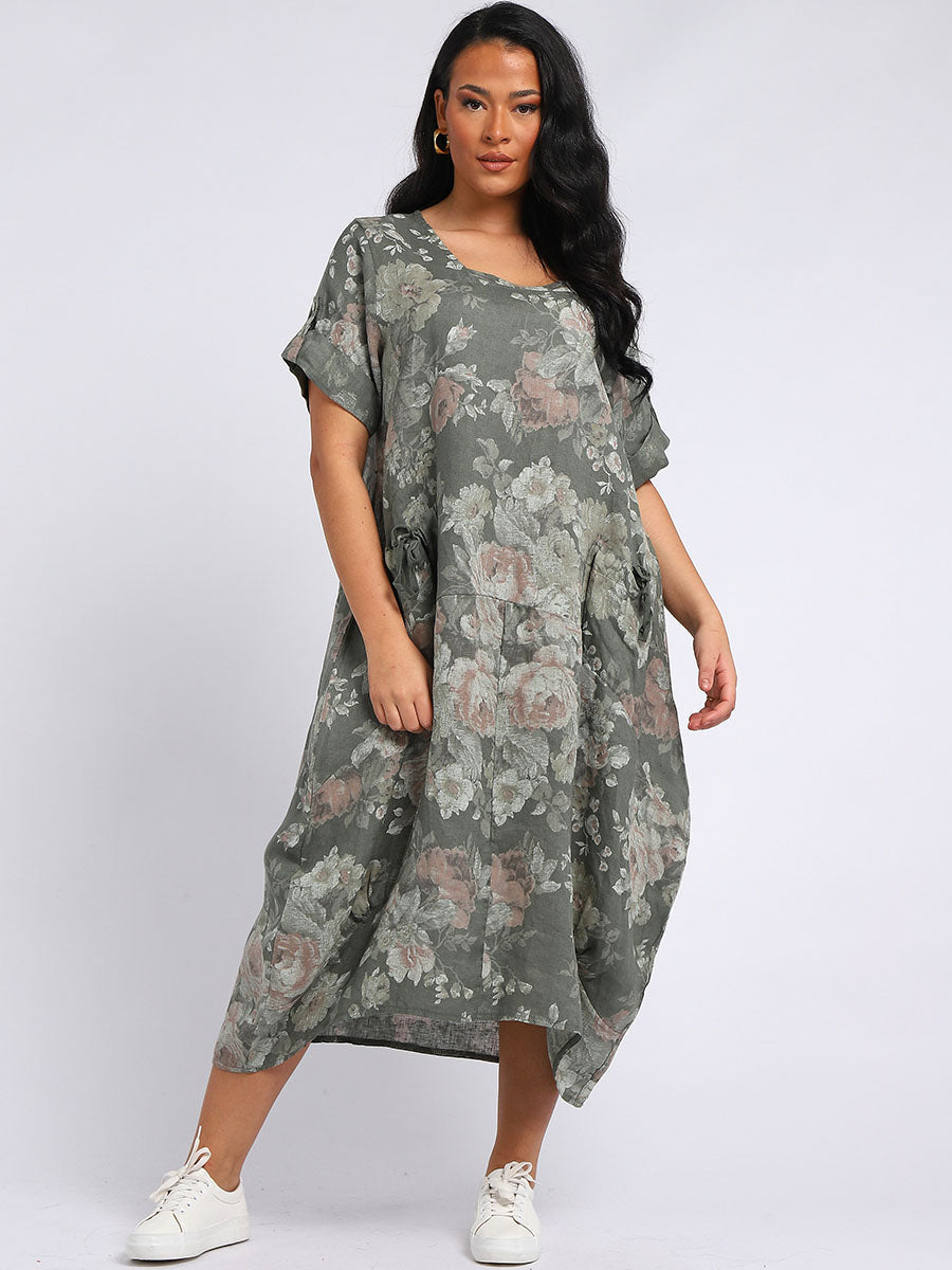 Italian Floral Linen Lagenlook Dress Khaki