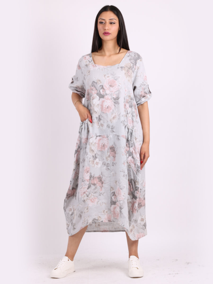 Italian Floral Linen Lagenlook Dress Light Grey