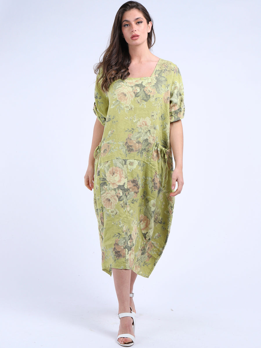 Italian Floral Linen Lagenlook Dress Lime Green