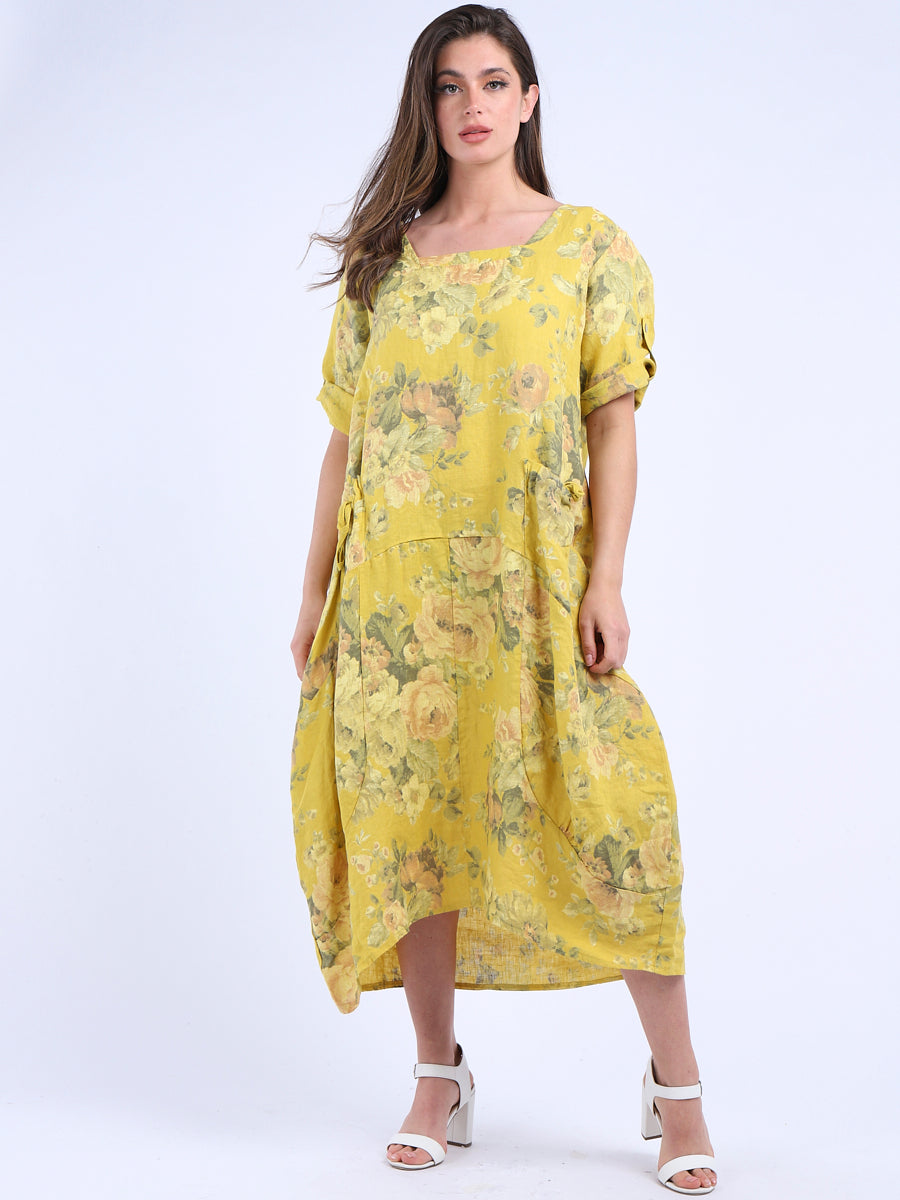 Italian Floral Linen Lagenlook Dress Mustard