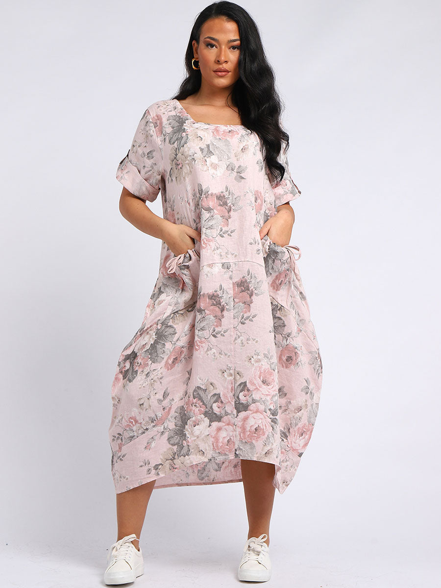 Italian Floral Linen Lagenlook Dress Pink