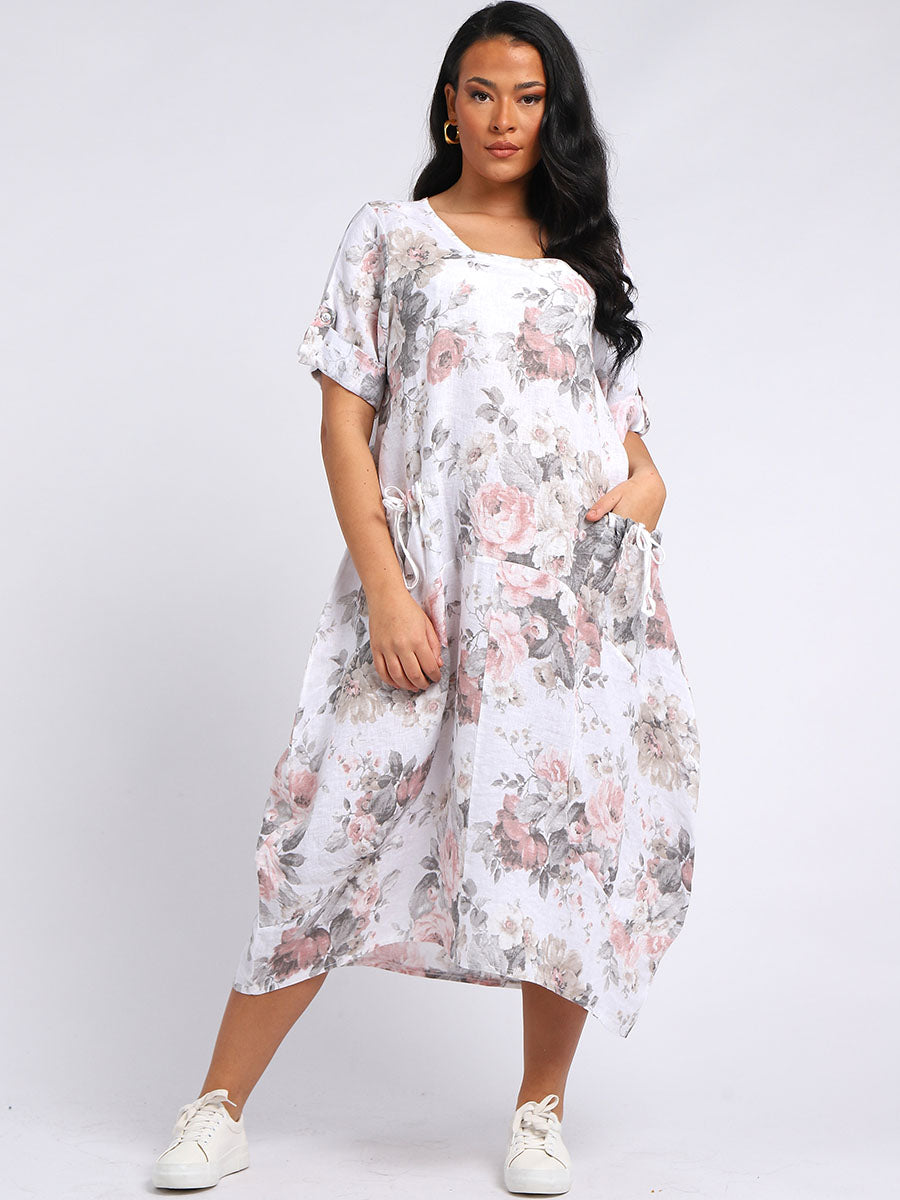 Italian Floral Linen Lagenlook Dress White