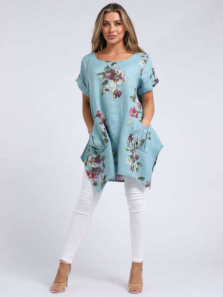 Ladies Linen Tabbed Sleeves Foral Tunic Top