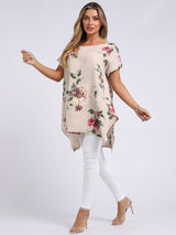 Ladies Linen Tabbed Sleeves Foral Tunic Top