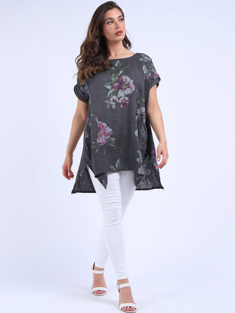 Ladies Linen Tabbed Sleeves Foral Tunic Top