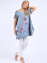 Ladies Linen Tabbed Sleeves Foral Tunic Top