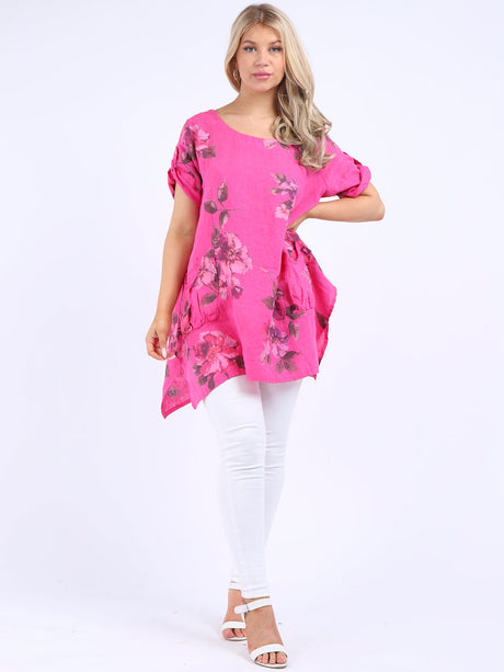 Ladies Linen Tabbed Sleeves Foral Tunic Top