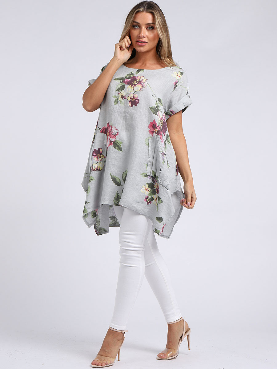 Ladies Linen Tabbed Sleeves Foral Tunic Top