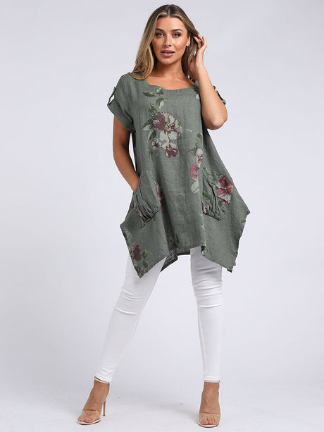 Ladies Linen Tabbed Sleeves Foral Tunic Top