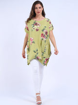 Ladies Linen Tabbed Sleeves Foral Tunic Top