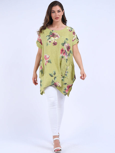 Ladies Linen Tabbed Sleeves Foral Tunic Top