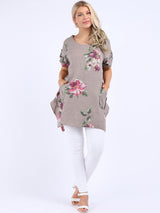 Ladies Linen Tabbed Sleeves Foral Tunic Top