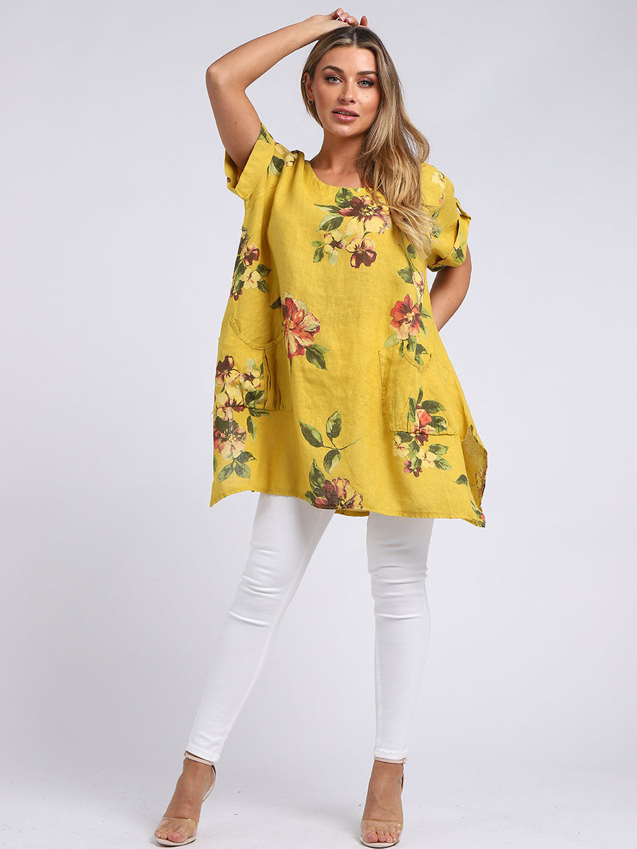 Ladies Linen Tabbed Sleeves Foral Tunic Top