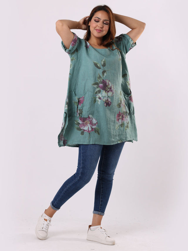 Italian Floral Linen Tunic Top -Denim