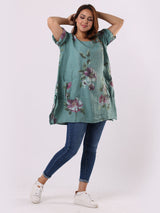 Ladies Linen Tabbed Sleeves Foral Tunic Top