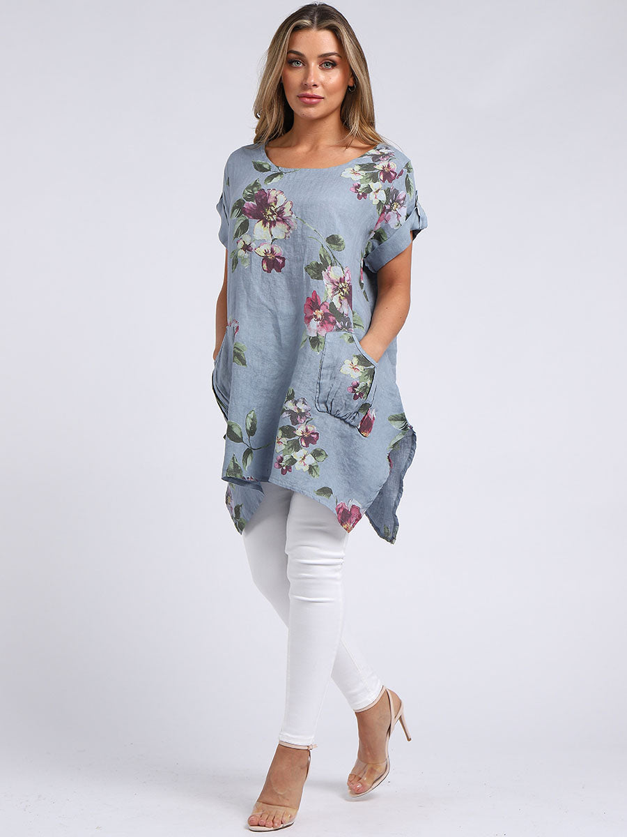 Ladies Linen Tabbed Sleeves Foral Tunic Top