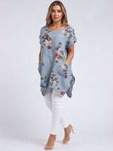 Ladies Linen Tabbed Sleeves Foral Tunic Top