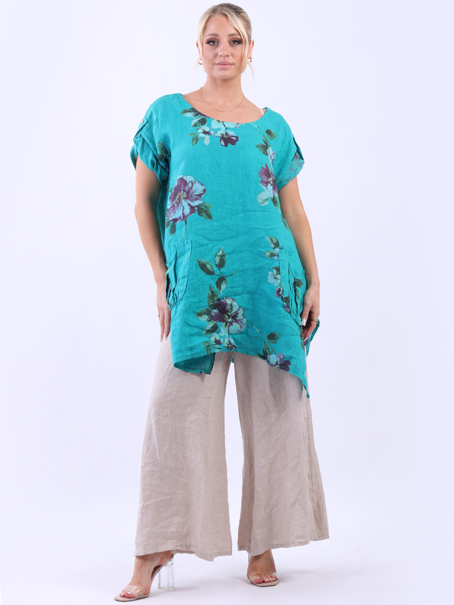 Ladies Linen Tabbed Sleeves Foral Tunic Top