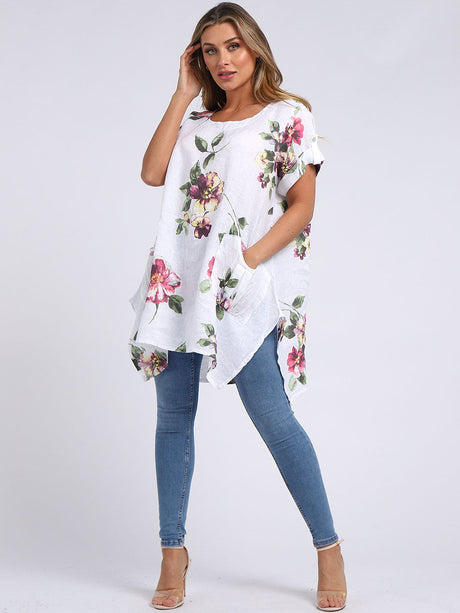 Ladies Linen Tabbed Sleeves Foral Tunic Top