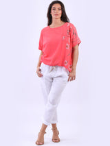 Ladies Relaxed Fit Floral Print Panel Boxy Cotton Top