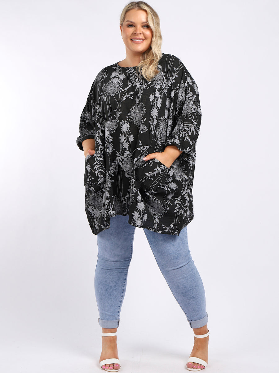 Ladies Floral Print Batwing Plus Size Cotton Tunic Top