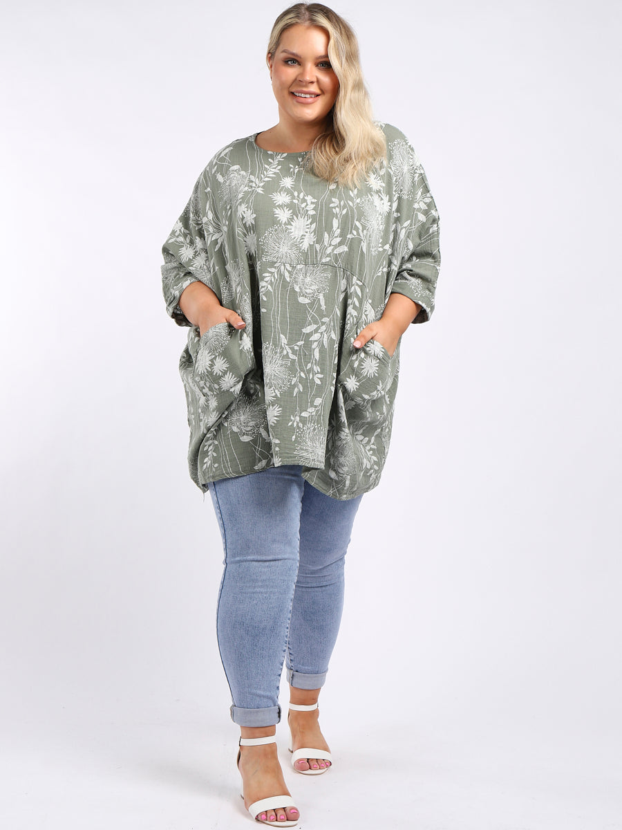 Ladies Floral Print Batwing Plus Size Cotton Tunic Top