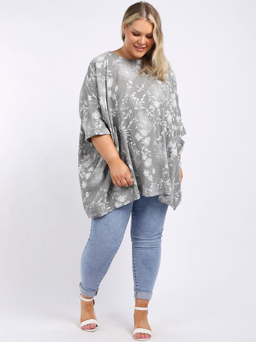 Ladies Floral Print Batwing Plus Size Cotton Tunic Top