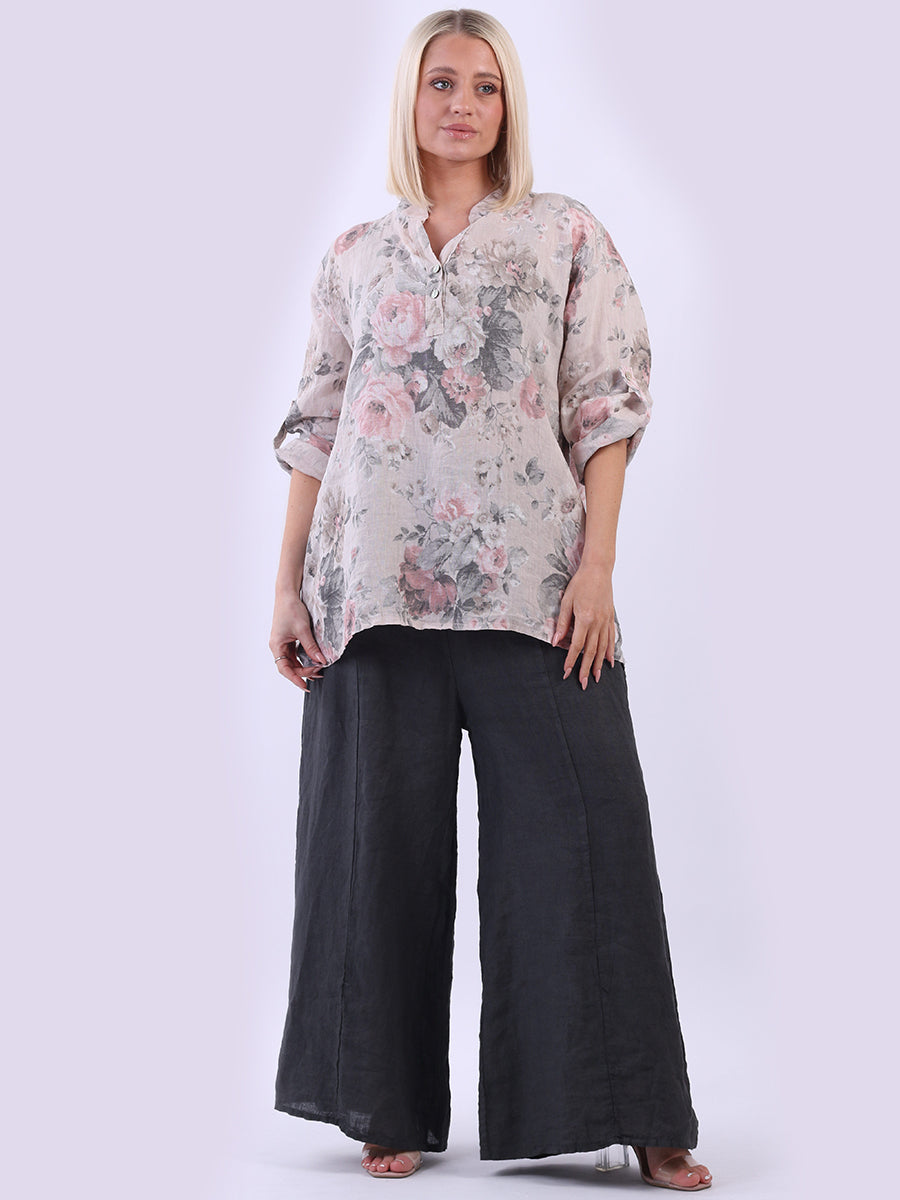 Floral Linen Lagenlook Top Beige