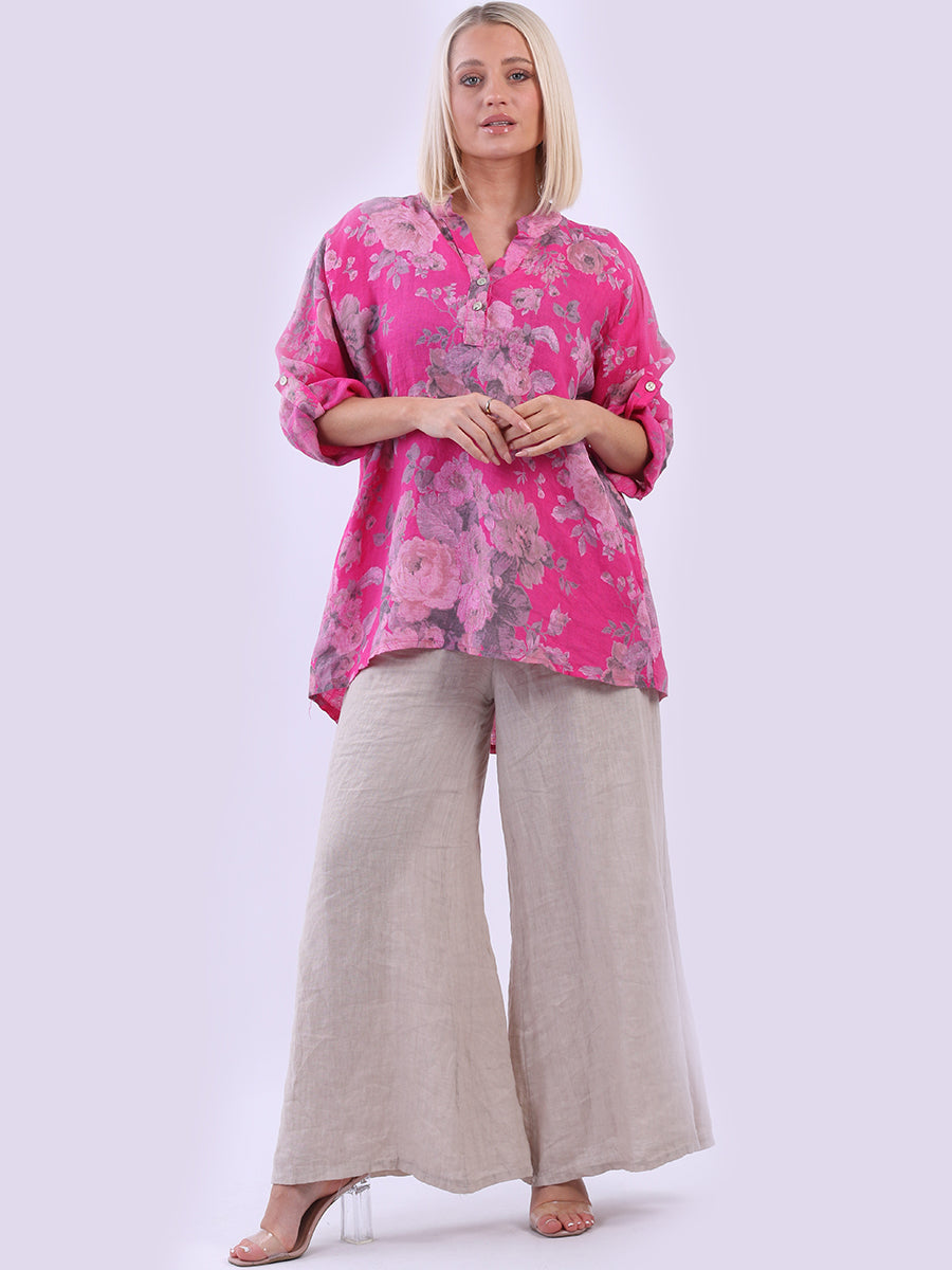 Floral Linen Lagenlook Top Fuchsia