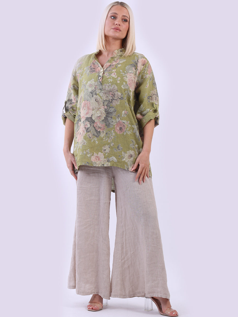 Floral Linen Lagenlook Top Lime Green