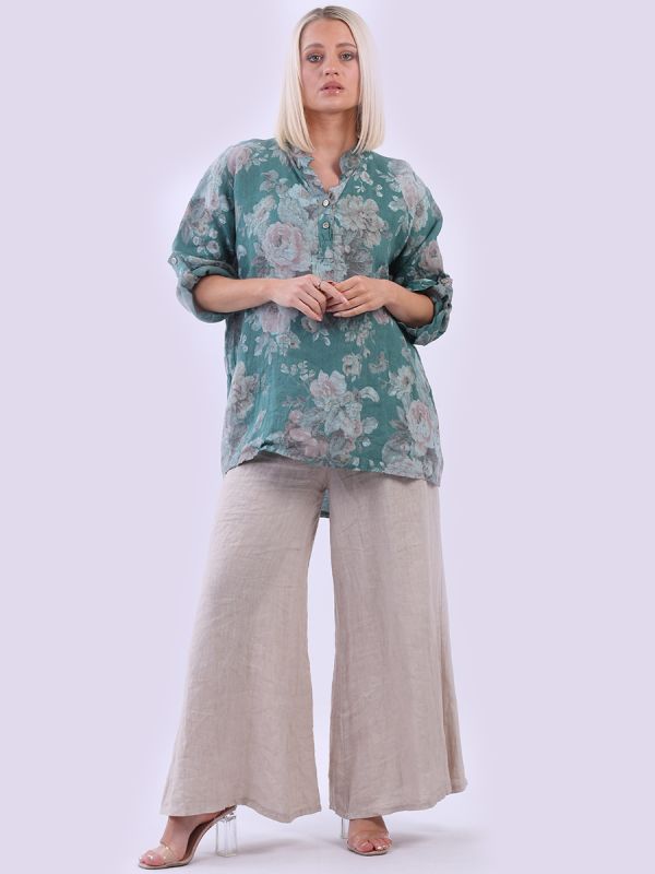 Floral Linen Tunic Top Ocean Blue