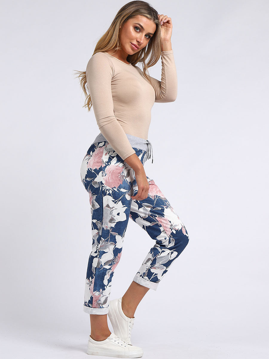Italian Floral Print Cotton Ladies Denim Slouch Joggers-Denim