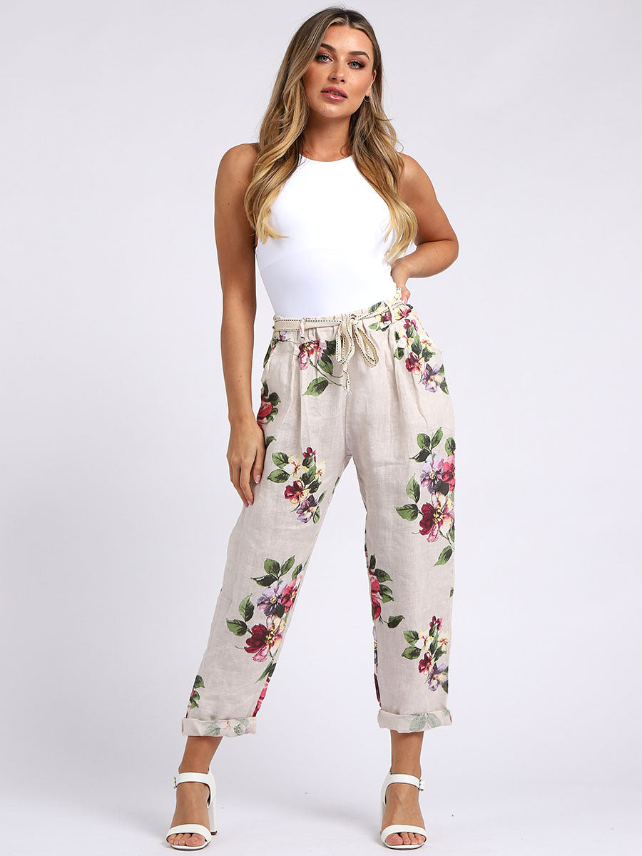 Ladies Floral Print Linen Relaxed Fit Trouser