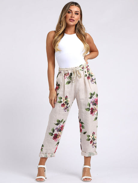 Ladies Floral Print Linen Relaxed Fit Trouser