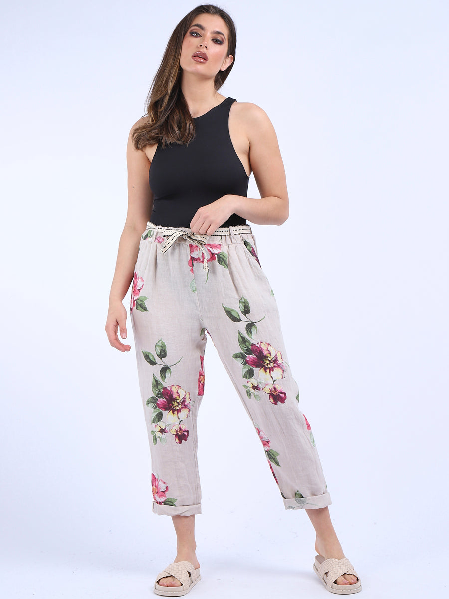 Ladies Floral Print Linen Relaxed Fit Trouser