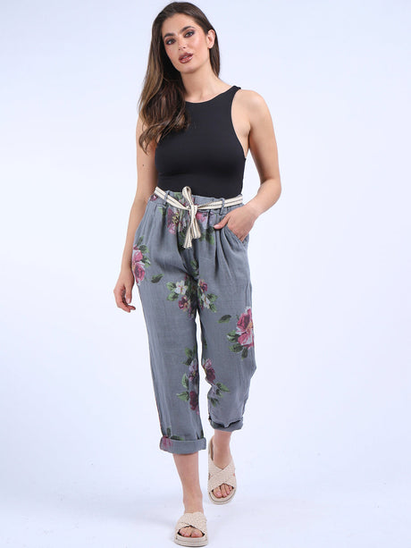 Ladies Floral Print Linen Relaxed Fit Trouser