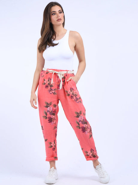 Ladies Floral Print Linen Relaxed Fit Trouser